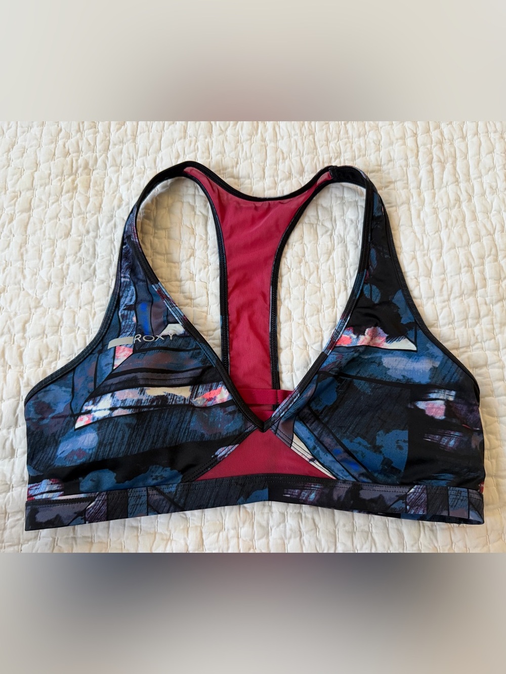 Roxy Abstract Blue and Deep Pink Racerback Sports Bra